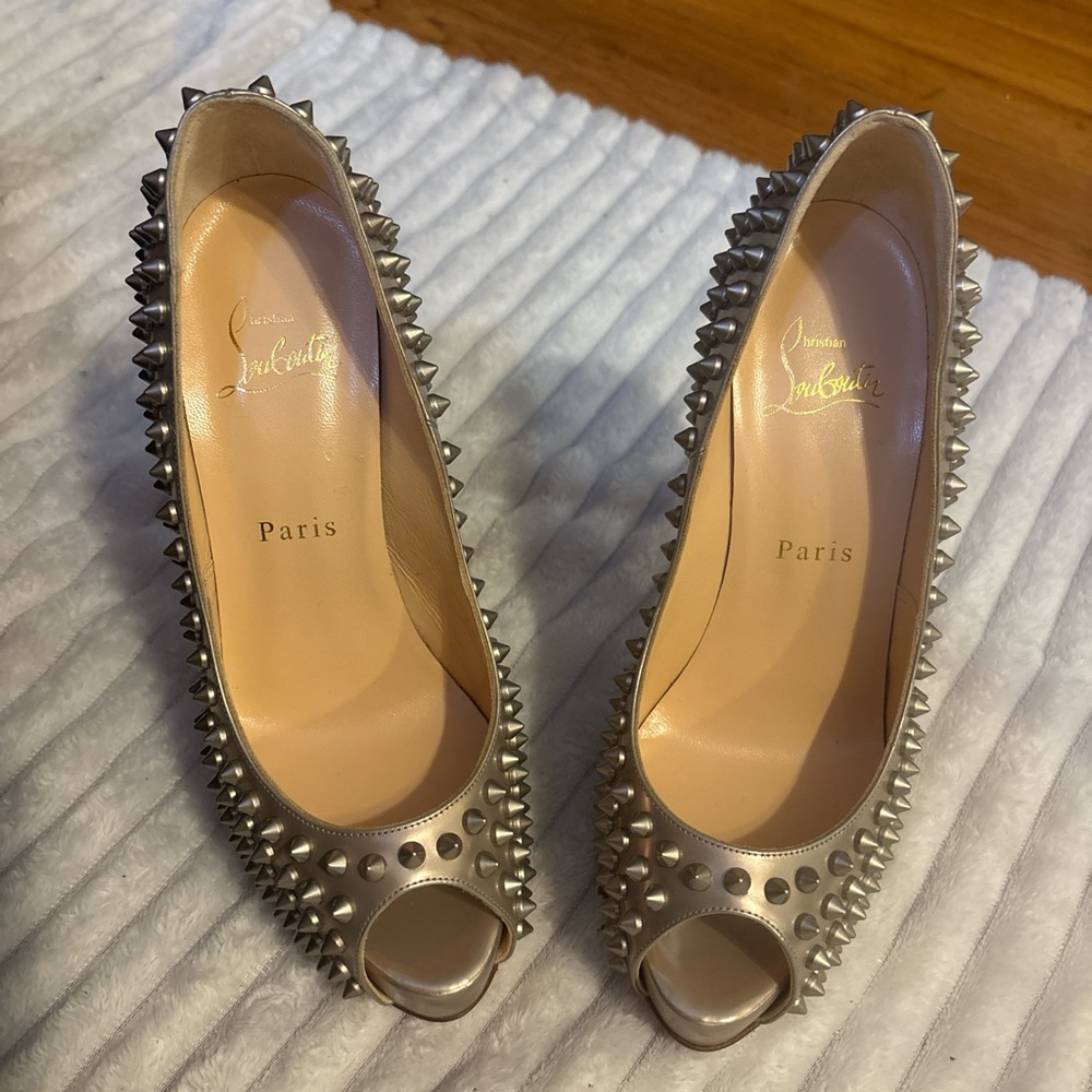 Christian Louboutin Metallic Spiked Peep-Toe Heels